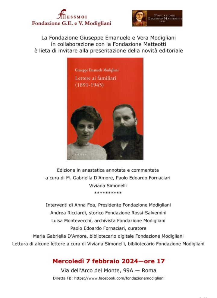 Intervengono, insieme ai Curatori: Anna Foa, Andrea Ricciardi e Luisa Montevecchi.
Diretta Facebook sulla pagina della Fondazione Modigliani.